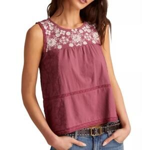 Lucky Brand NEW Embroidered Yoke Lace Inlay Tank Top in Crushed Berry Women XXL
